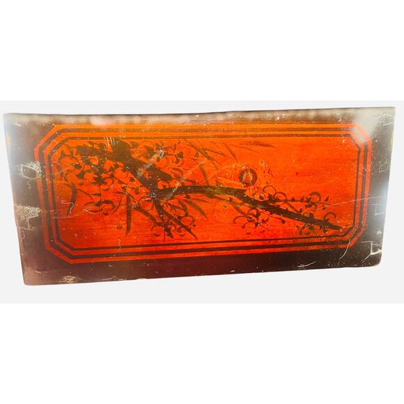 Antique Chinese Carved Red Lacquered Box with Lid & Side Drawer Signed on Bottom - Picture 7 of 12